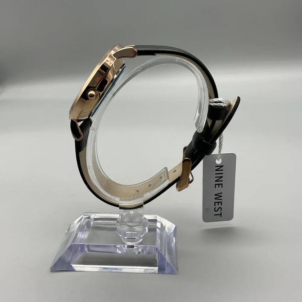 Nine West Womens Watch 36mm MOP Dial Rose Gold Black Faux Leather Minimalist